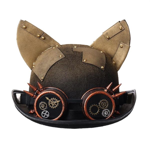 Retro Steampunk Sombrero Bowler Accesorios de disfraces Mujeres Hombres Vintage Lolita Orejas de gato Engranaje Gafas Parche dorado Topper Sombreros de copa Fedora He272r