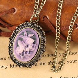 Rétro Steampunk violet fleur papillon motif petite petite montre de poche collier pendentif montres à quartz cadeau d'anniversaire pour dame G266z