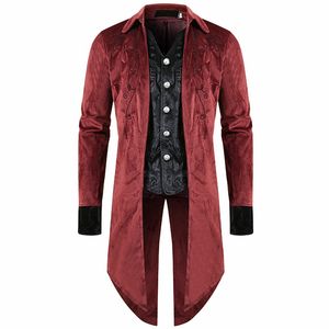 Retro Steampunk Tailcoat Trench Jacked Coat Gothic Men Halloween Victoriaanse kostuumjurkpakken Vest Outfit Borduurwerk voor mannen