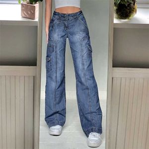 Pantalon cargo de rue rétro Harajuku Blue Pocket Couture Jeans taille haute jambe large femmes Y2K vêtements droits 211129
