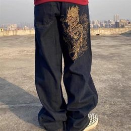 Retro Straat Skateboarden Dance Losse Chinese Dragon Geborduurde Hoge Taille Jeans Daddy Mopping 220310