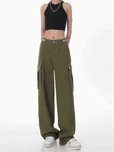 Rétro Streetwear vert salopette jambe large Cargo femmes pantalons femmes pantalons Sexy taille haute lâche pantalon décontracté Vintage Stre T220728