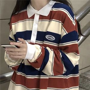 Retro Gestreepte Hit Kleur Sweatshirt Polo Kraag Trui Vrouwelijke Oversized Sweatshirt Harajuku Stijl Dames Vintage Preppy Top 231225