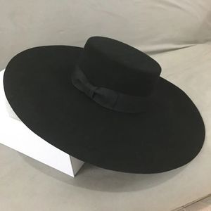 Style rétro grand chaud à large bord laine Fedora chapeau noir feutre chapeau arc plat disquette chapeau d'hiver pour les femmes fête église chapeau de mariage 240125