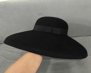 Retro -stijl Zwart pure wol vilt hoed wijd rand winter fedora cloche bowler hoed lint band trouwfeest kerk hoed 21367100