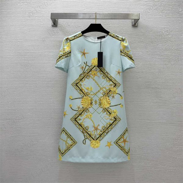 Vestido de estilo retro Rectángulo dorado Logotipo Estampado floral Vestido de marca de manga corta Diseñador clásico simple Cuello redondo Cremallera Maxiskit Ropa de talla grande