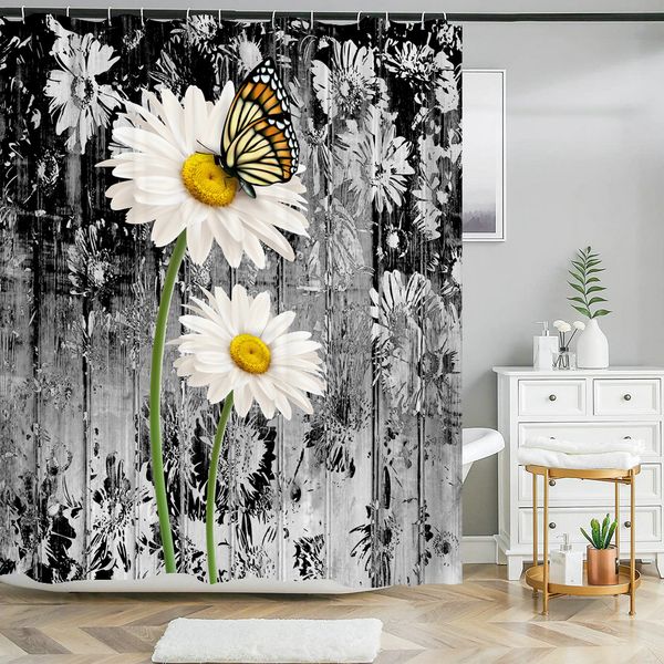 Retro Style Flowers Butterfly Printing Shower Rideaux Curtains de salle de bain Frabic Imperproof Polyester Routette de salle de bain avec crochets