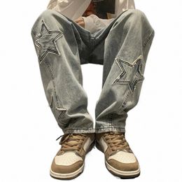 Estilo retro Jeans Hombres de gran tamaño Estrella Estética Patrón Jeans Vintage Coreano Streetwear Pantalones de mezclilla Pierna ancha recta r6Lg #