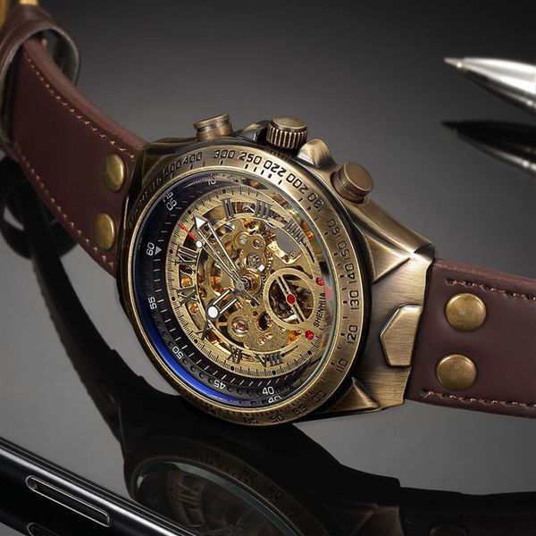 Estilo retro Hombres Reloj mecánico automático Esqueleto Steampunk Banda de cuero genuino Hombres Relojes de pulsera de cuerda automática Hombres Reloj 20111275L