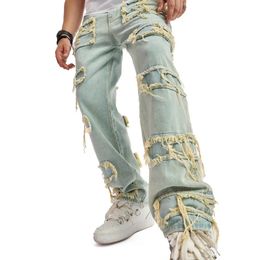 Menos de estilo retro Ralacionados Patching de empalme de jeans sueltos Pantalones de jeans machos sólidos INCHILER CASTER CIQUILER CIJEROS 240426