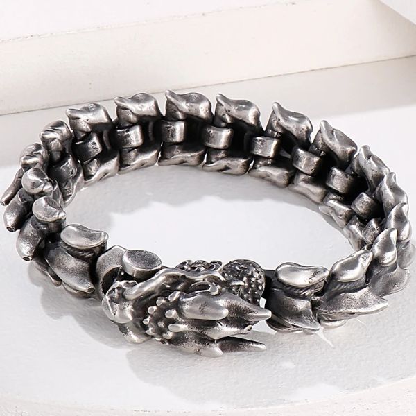 Bracelet à maillons Dragon en or blanc 14 carats pour hommes, Style rétro, bijoux de motard Masuline avec sac cadeau, 8.3 pouces sur la main