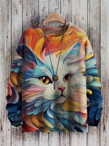 Coucher de soleil rétro et motif de chat mignon 3d imprimé pour hommes imprimés en tricot en tricot d'hiver Unisexe Pulllateur en tricot décontracté ZZM44