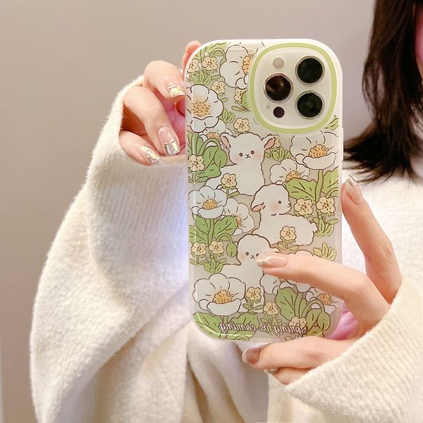 Retro Sweet Spring White Flower Bush Bush Sheep Art Téléphone pour iPhone 15 14 13 12 11 Pro Max XR 14 Plus XS 8 Plus couverture mignonne