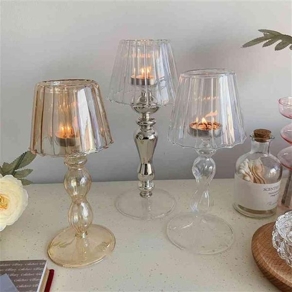 Rétro lampe de Table forme rayure verre bougeoir romantique décoration de la maison ornements Ins Style café personnalité chandelier 210722283L