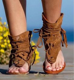 Sandales à pampilles rétro pour femmes, chaussures plates d'été Boho, chaussures de plage à lacets, Sandalias Mujer, 698 240314