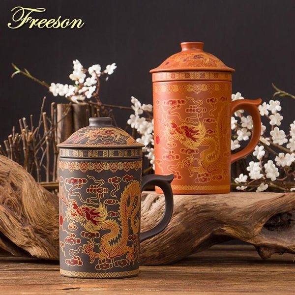 Taza de té de arcilla púrpura Phenix de dragón chino tradicional Retro con tapa, infusor hecho a mano, taza de té Yixing Zisha, taza de regalo de taza de té de 300ml T242W