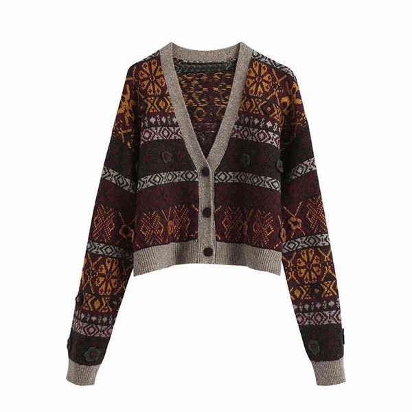 Retro Tribal Estilo étnico Jacquard suéter de manga larga con cuello en V Cardigan Otoño e invierno Chaqueta floral dulce 210521