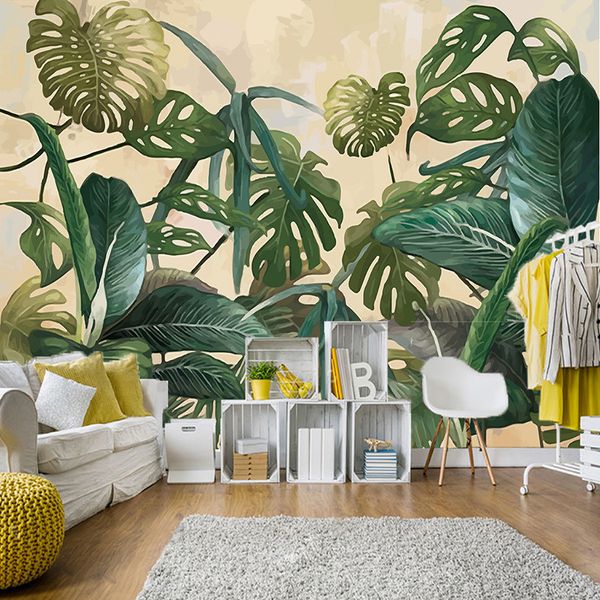 Retro Tropical Rain Forest Palm Banana Leaves Mural Wallpaper 3D Living Room Background Papeles de pared para paredes 3D Papel De Parede