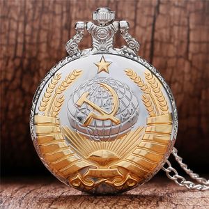 Retro USSR Soviet Badges Sickle Hammer Style Quartz Pocket Watch CCCP Russia Emblem Communism Necklace Chain Hours Clock