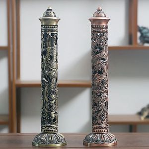 Retro Vertical Incense Burner Buddha Heart Sutra Dragon Phoenix Pillar Metal Incense Stick Home Office Ceremony Decoration