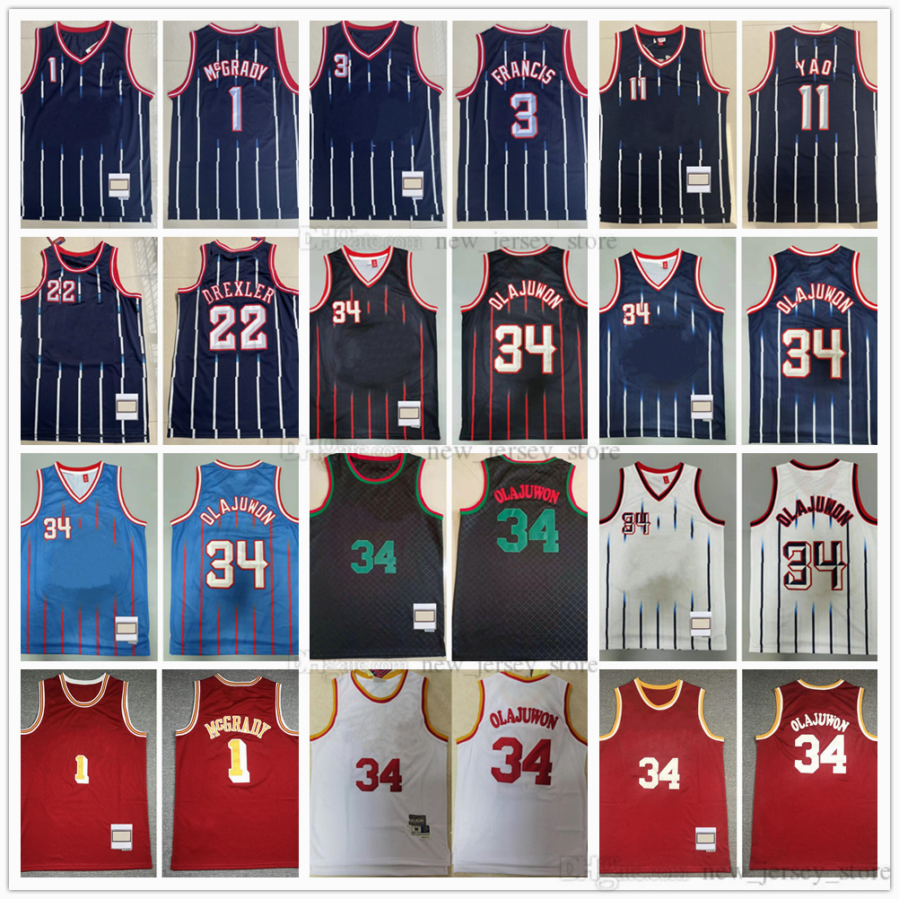 Mitchell en Ness 2002-03 Basketbal 11 Yao 1 Tracy Ming McGrady Jerseys Retro White Stripe 1996-97 Hakeem 34 Olajuwon 1995-96 Steve 3 Francis Clyde 22 Drexler Vintage