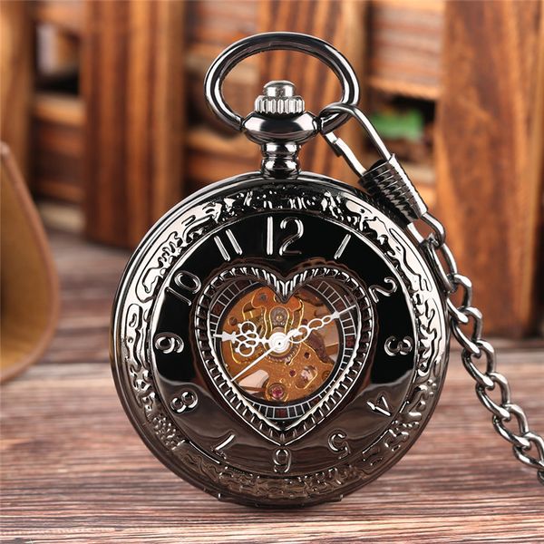 Rétro Vintage noir montre de poche hommes femmes main vent mécanique montres coeur forme couverture FOB horloge pendentif chaîne cadeau