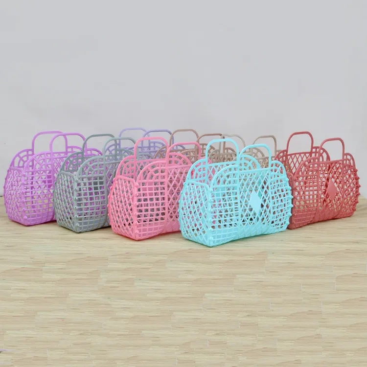 Retro vintage fällbar plast PVC Jelly Basket Tote Bag Beach Bag Handväska för flickor Kvinnor Party Favor Väskor