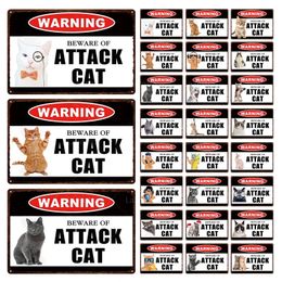 Retro waarschuwing Poster metalen tinnen tekens Plaque Familieregels Pas op voor aanval katten wanddecor kunst poster tinnen borden huizendecoratie mooie katten schilderen maat 30x20cm w01