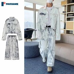 Retro Wash Tie Dye Denim Set Men High Street Casual Loose Jean Jackets Wide Leg Jeans Male Spring 2 st. Sets Hip Hop Fashion Suit 240415