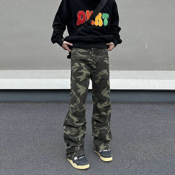 Pantalon de chargement de camouflage lavé rétro Flare Men High Street Hip-Hop Zipper Flare Y2K Pantal