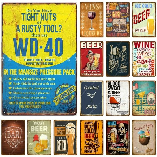 Retro WD 40 letrero de estaño Draft Beer Bar Party Decor Cocktail Wine Vins Letreros de metal Cartel de hojalata Placa de hierro vintage para pub Hotel Home Wall Tin Decoración tamaño 30x20cm w02