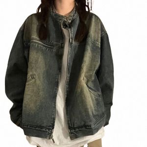 Veste en jean rétro pour hommes et femmes, veste de moto américaine avec fermeture éclair, dégradé de baseball, unisexe, col montant, manteau cargo P8l7 #