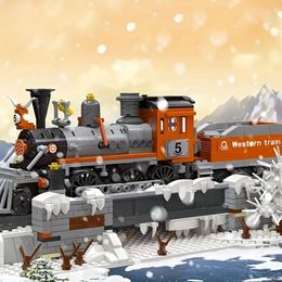 Ensemble de construction de maquettes de gare de fret de Train à vapeur de ville occidentale rétro, jouets en blocs MOC, cadeaux de noël et d'halloween