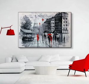 Retro White et Balck Lovers in the Rain Walking in City Umbrella Toile Paindre d'huile Mur Art Couple Piffée Print Home Decor