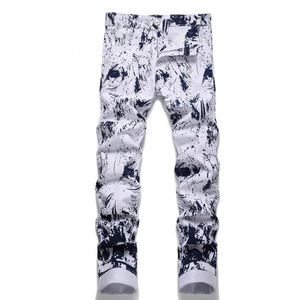 Retro witte jeans slim fit broek heren denim doodle grote zak cargo broek hiphop broek voor mannen