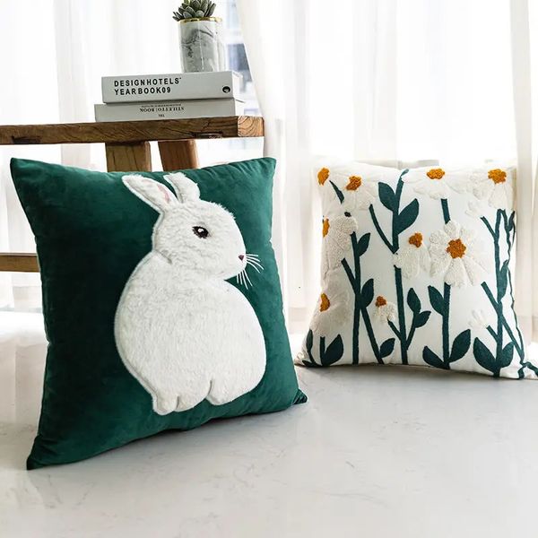 Funda de cojín Floral Pastoral Europea bordada de conejo blanco Retro, almohada para sofá dormitorio 240122