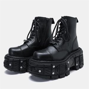 Retro Women Black Boots Lace-Up Man Chunky Heel Punk Boot Metal Woman Man Dikke Bottom Boots