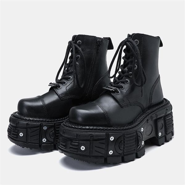 Femmes rétro Bottes noires Homme à lacets Chunky Talon Punk Boot Metal Woman Man Homme Bottes de fond épaisses