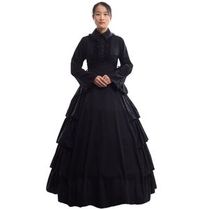 Robe gothique rétro à volants pour femmes, Costume de reconstitution médiévale, Vintage, victorien, carnaval, robe de bal noire, Dress312g