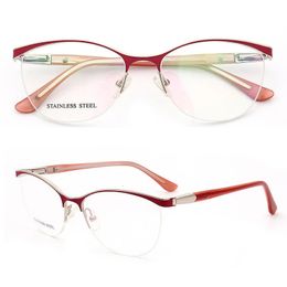 Retro Women Optical Glazen frame voor katten oogscheiding Leukglas recept metalen bril Rode Tortoise Half Rim brillen 240423