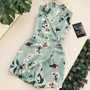 Retro Vrouwen Playsuits Zomer Floral Print V-hals Turn Down Collar Mouwloze Onregelmatige Shorts Rompertjes Dames Boho Jumpsuits 210525