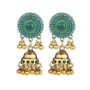 Pendientes indios Retro para mujer Jhumka campanas de oro borla aleación verde pendientes colgantes redondos Bohemia Tailandia joyería Brincos