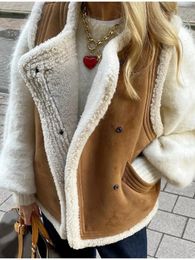 Retro pluche damesvest met giletmouwen lamswollen blouson dorpsvest jassen 2023 winter O-hals chic kasjmier damesjas 240113