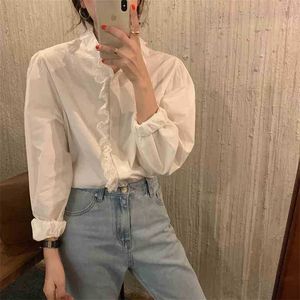 Rétro Femmes Solide Lâche Chic Vintage Dentelle Latter Manches Blouse Doux Col Montant Élégant Femme Chemises Tops 210525