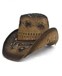 Femmes rétro Paille Hollow Western Cowboy Hat Lady Roll Up Brim Bohemia Tassel Sombrero Hombre Beach Cowgirl Jazz Sun Hat Q08058939184
