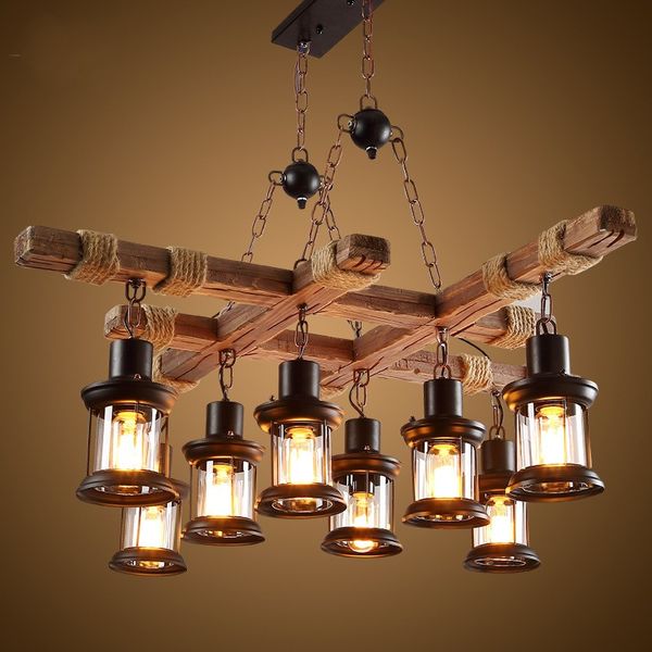 Lámpara de luces colgantes de madera Retro, 8 cabezales, Vintage, Industrial, cafetería, tienda de ropa, Loft, lámpara colgante de hierro y vidrio, lámpara colgante de madera