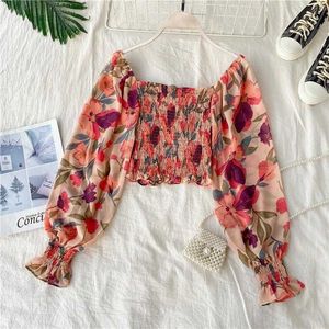 Retro houten oor print blouse vakantie strand stijl slim fit plooi vierkante kraag uit schouder chiffon shirt 210712