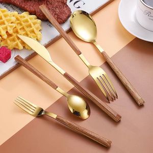 Couverts à manche en bois rétro avec argent poli miroir fourchette cuillère couteau Dessert Scoop pour le dîner de Noël