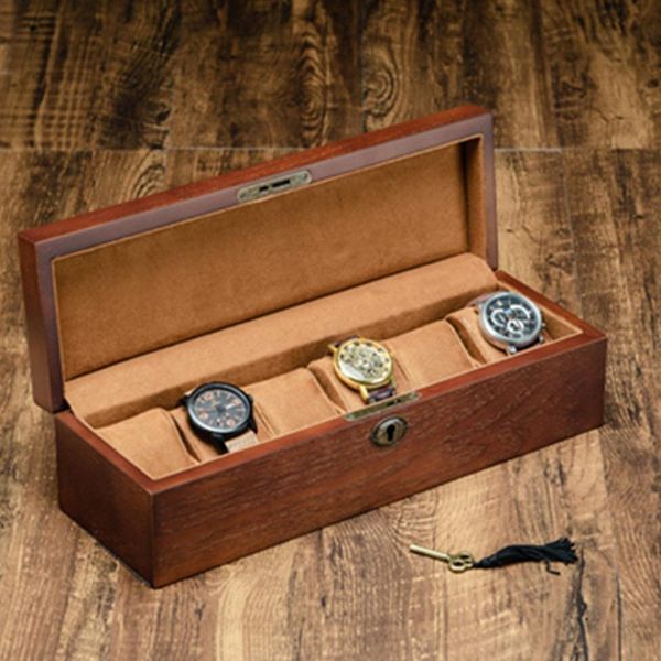 Boîte de montre en bois rétro avec boîte de support de montre clé pour montres hommes organisateur de bijoux Rectangle/carré 6 grilles organisateur