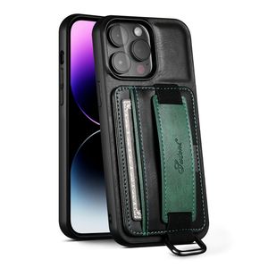 Funda de teléfono con pulsera retro para iPhone 15 14 13 12 11 Pro Max Samsung Galaxy S24 S23 S22 Ultra S23FE Soporte para anillo de negocios Ranura para tarjeta Soporte de billetera de cuero sólido Shell